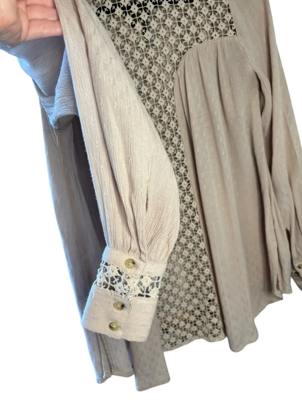 Free People Lace Back Boho Blouse XS Cream Button Front Sheer Long Sleeve - Picture 7 of 9